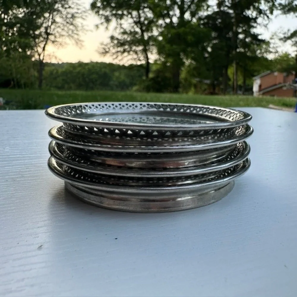Vintage Glass Coasters Set 4 Starburst Etched Silver Rim Pierced Gallery 4in